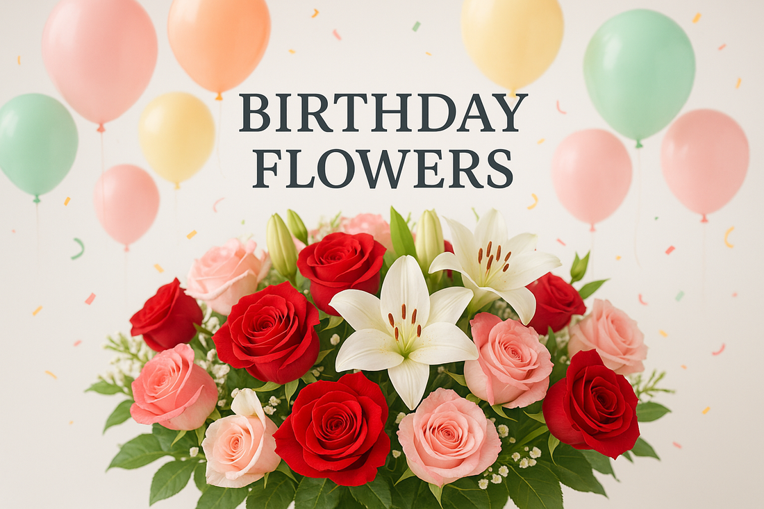Beautiful birthday flowers arrangement with colorful roses, lilies and festive balloons - Perfect for birthday celebrations