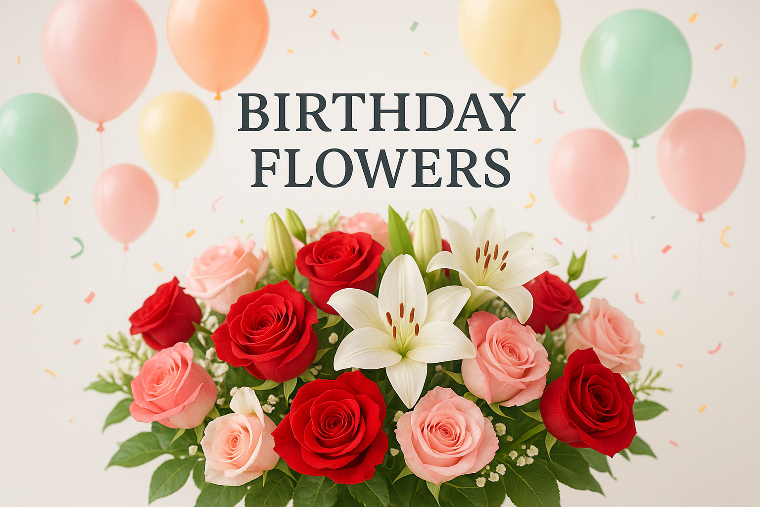 Beautiful birthday flowers arrangement with colorful roses, lilies and festive balloons - Perfect for birthday celebrations