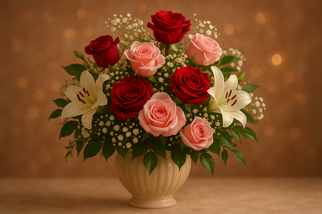 Elegant romantic flower arrangement with red roses, pink roses, white lilies and baby's breath in luxury vase - Love and Romance Flowers Kuwait by Pooji Flowers