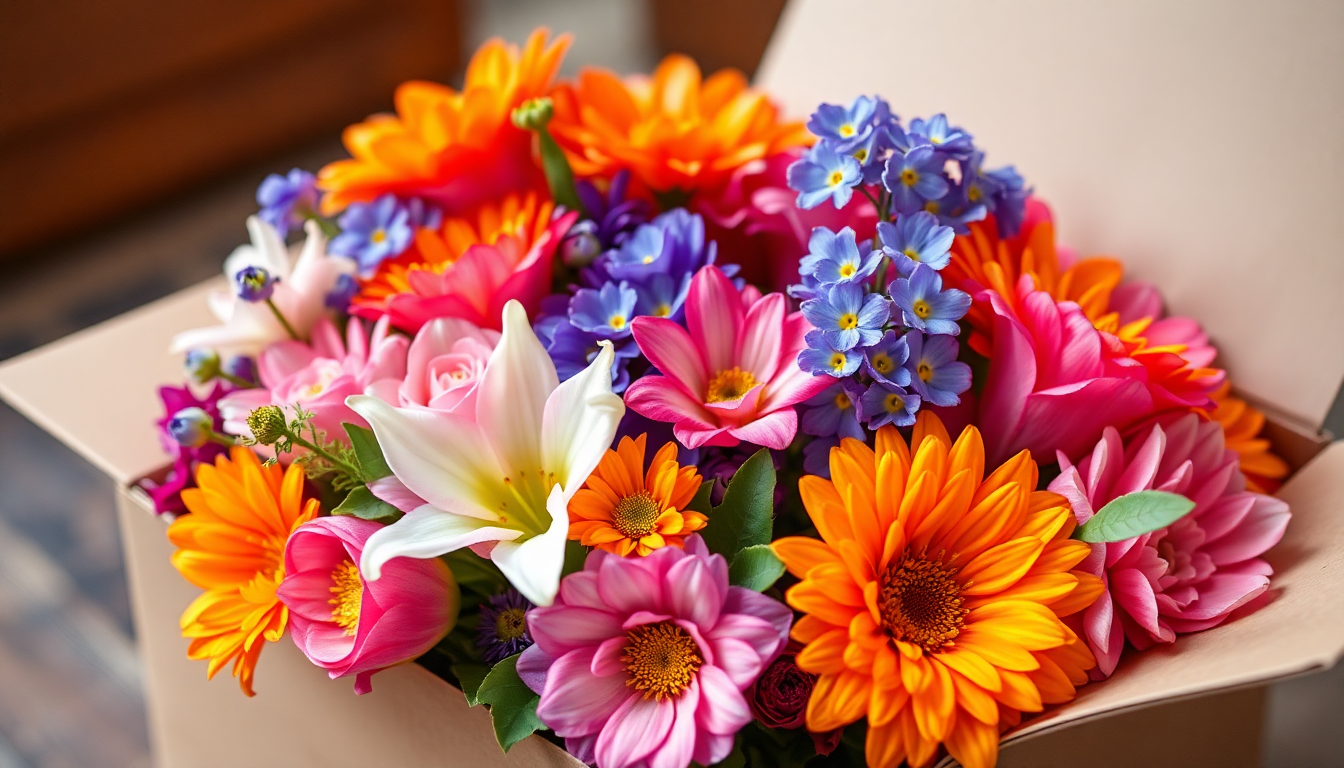 A vibrant bouquet in a delivery box