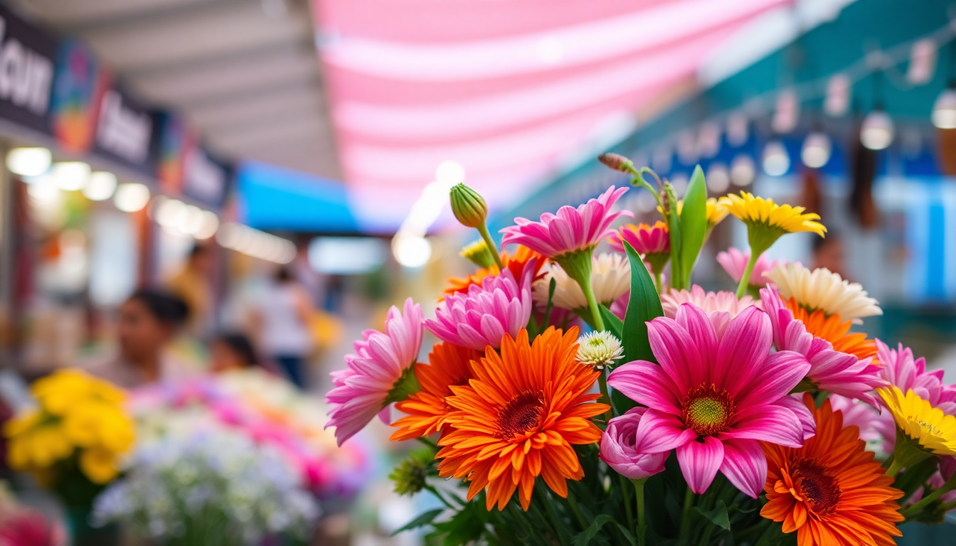 A bouquet of fresh flowers in a bright market