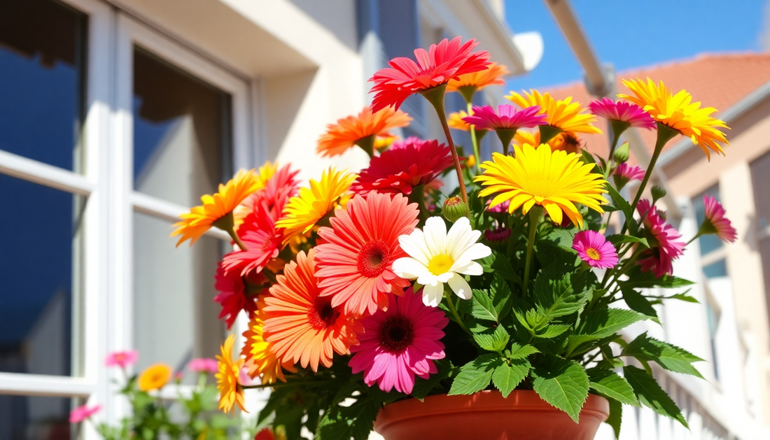 A vibrant flower bouquet on a sunny balcony
