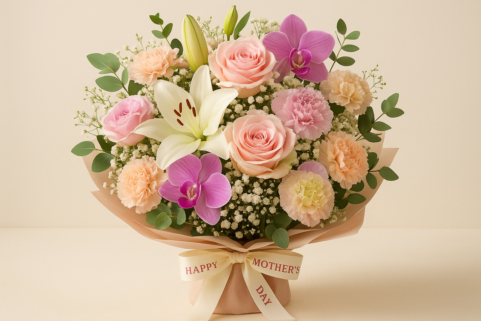 Mother's Day floral arrangement featuring roses, lilies, and orchids in a beautiful bouquet for celebrating mom