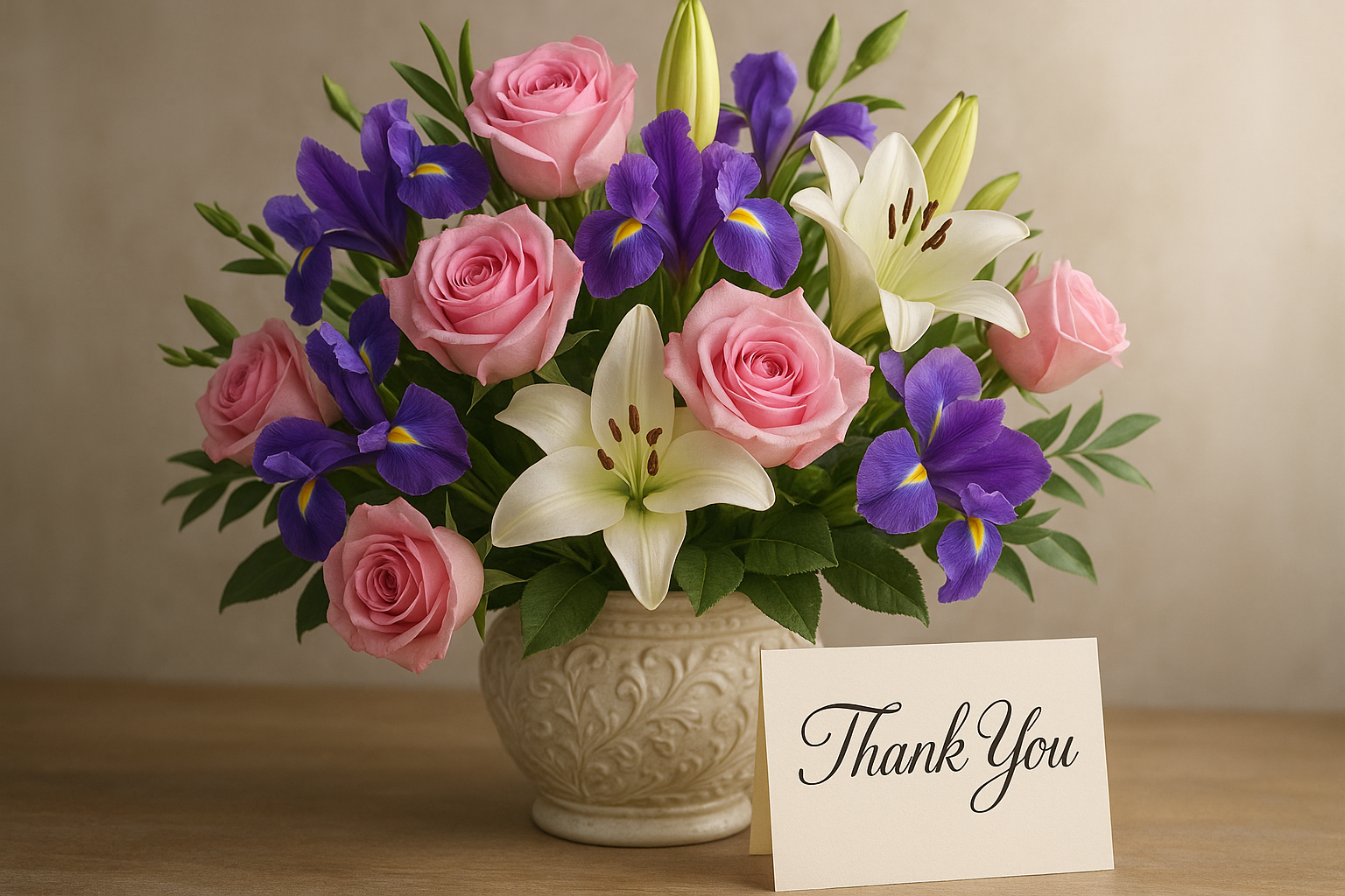Charming thank you flower arrangement with pink roses, irises, and lilies, perfect for expressing gratitude