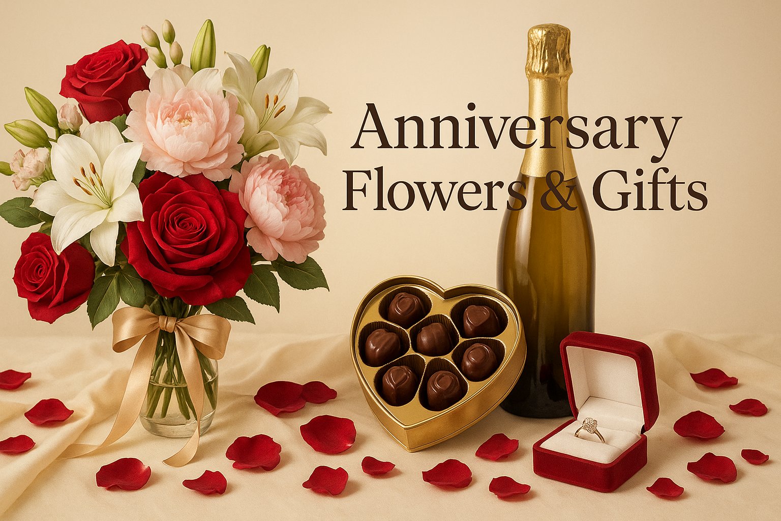 Pooji Flowers Anniversary Collection featuring elegant gifts, romantic bouquets, and beautiful flower arrangements
