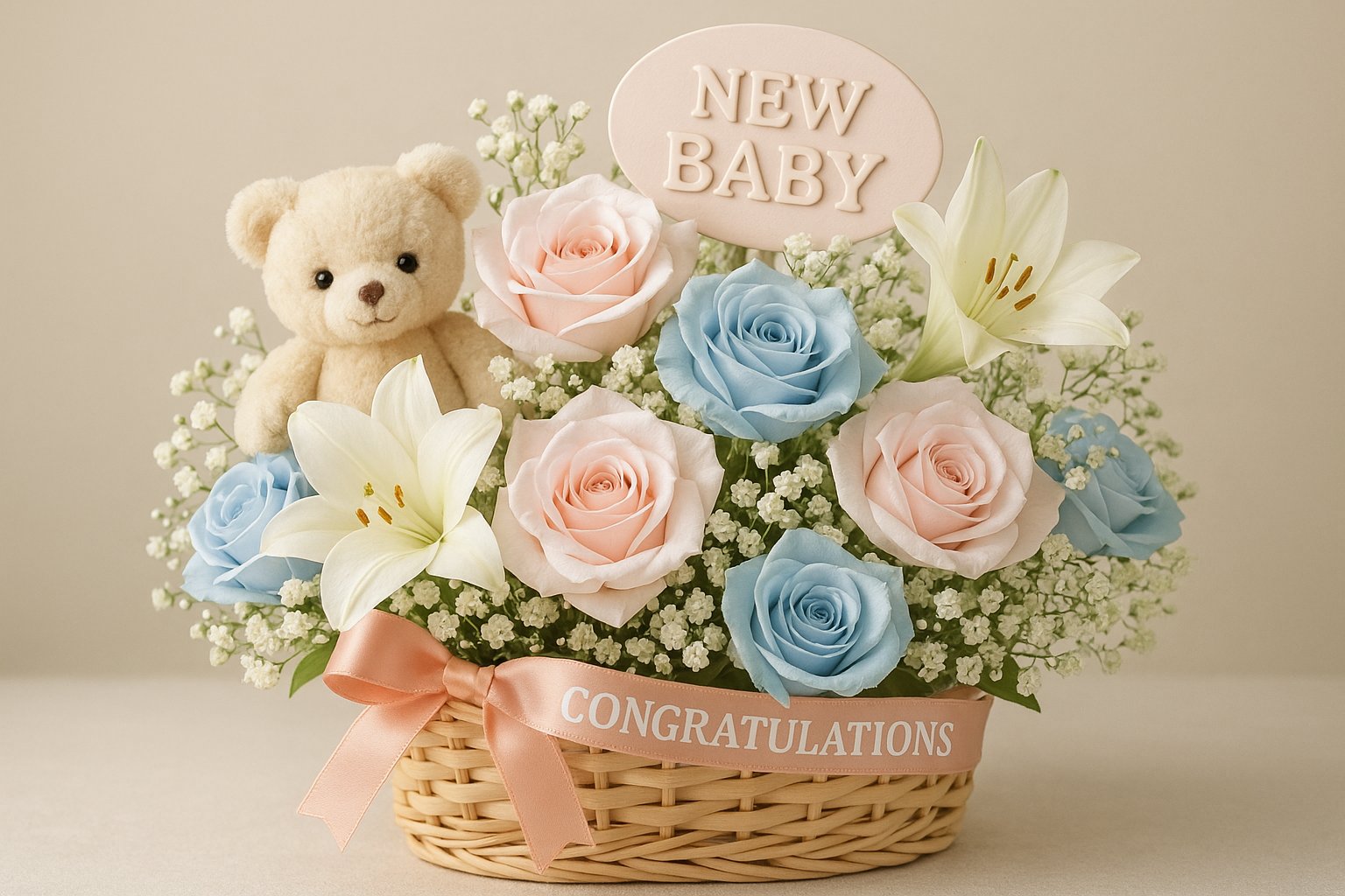 New Baby Born collection featuring pastel flower arrangements and a teddy bear for celebrating new arrivals