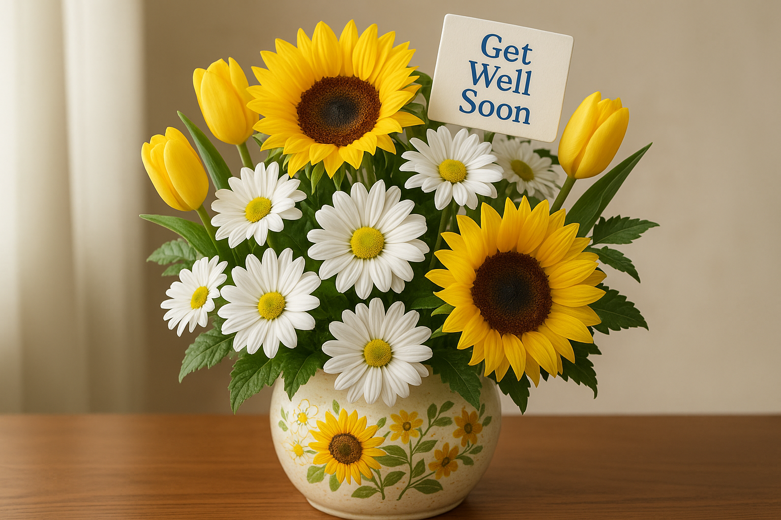 Get Well Soon Collection of uplifting flower arrangements featuring sunflowers, tulips, and daisies