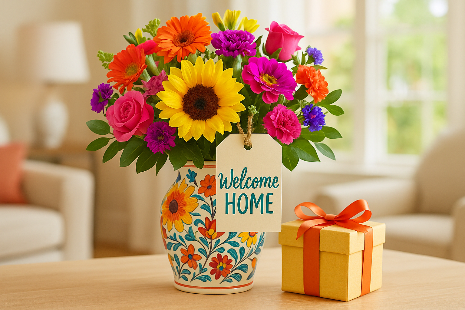 Vibrant housewarming flowers in a charming vase with a welcome home tag and a gift box, perfect for celebrating new spaces.