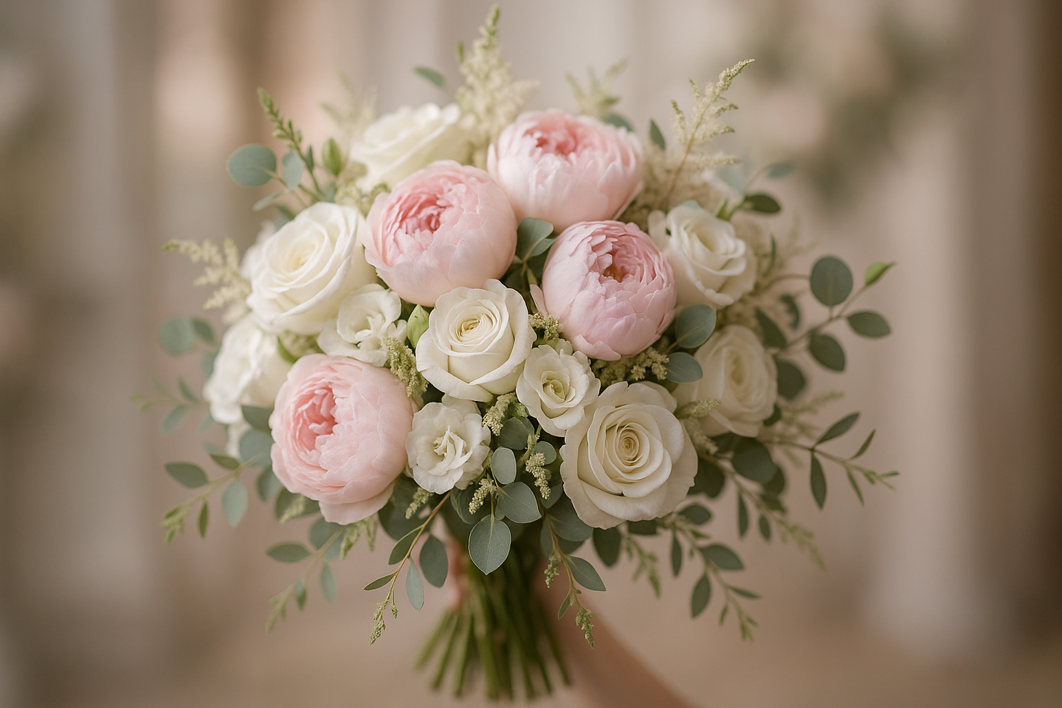 Elegant wedding bouquet featuring peonies and roses in soft colors for a romantic celebration