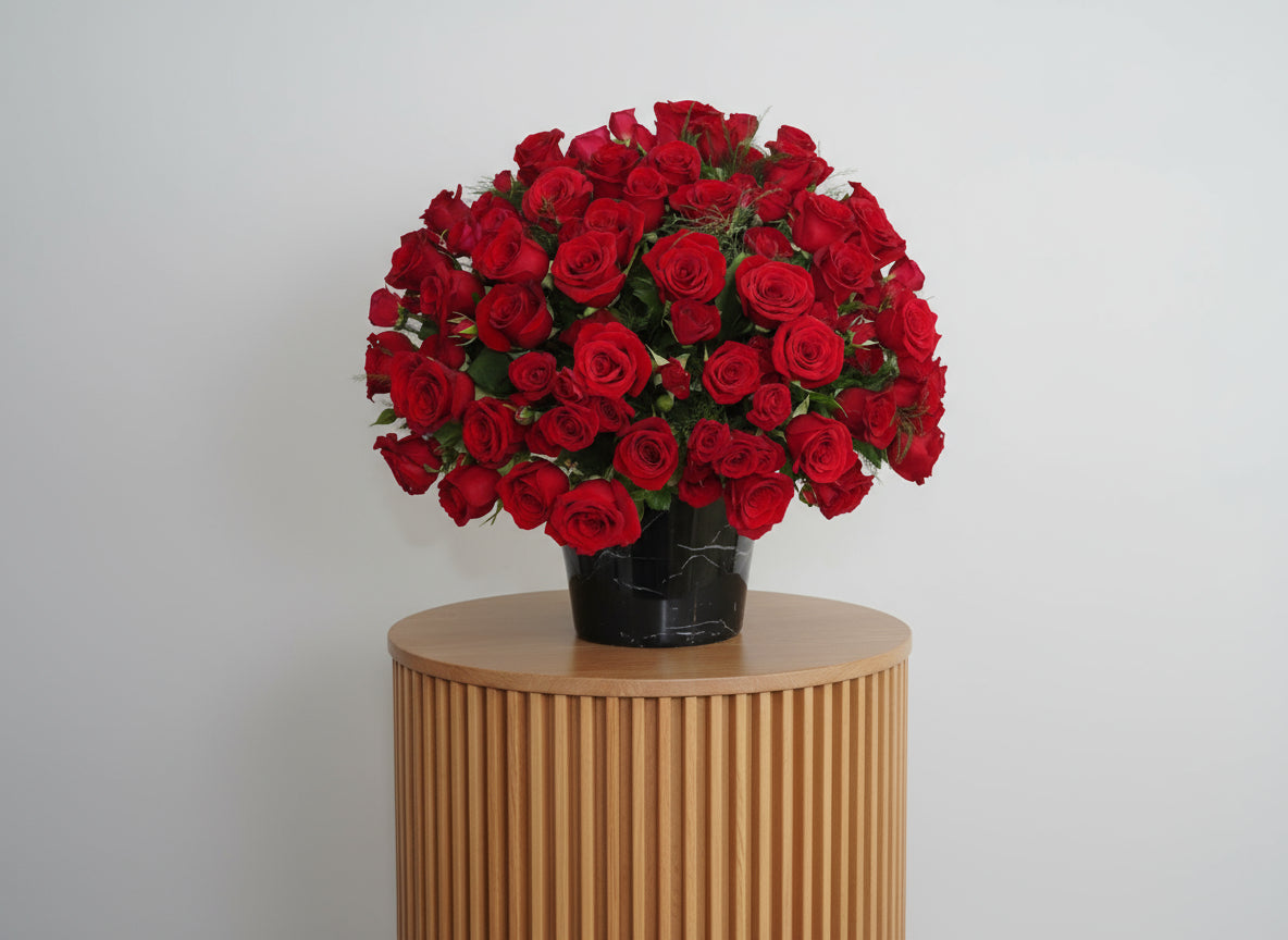 100 Red Roses Black Marble Flower Basket for elegant floral arrangements and special occasions