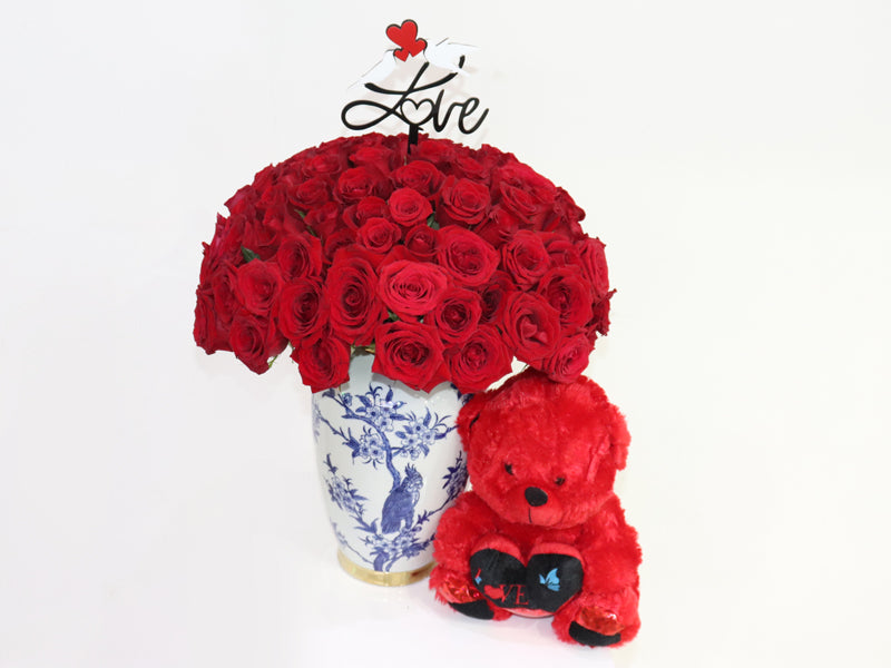 100 red roses in Blue Vase with Teddy for romantic gifts and special occasions