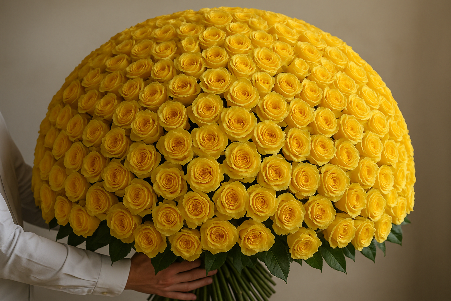 Large bouquet of yellow roses held by a person against a neutral background