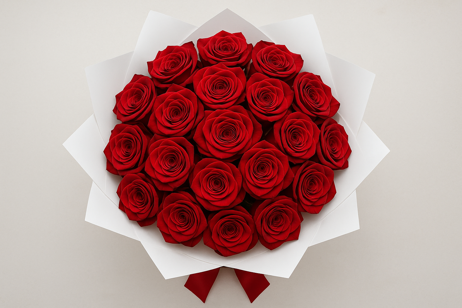 25 red roses bouquet overhead view