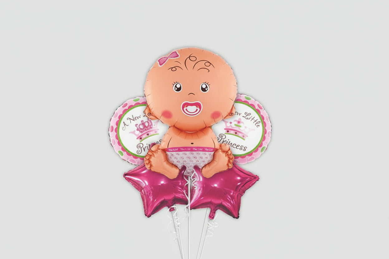 Baby-themed balloon with pink accents and text