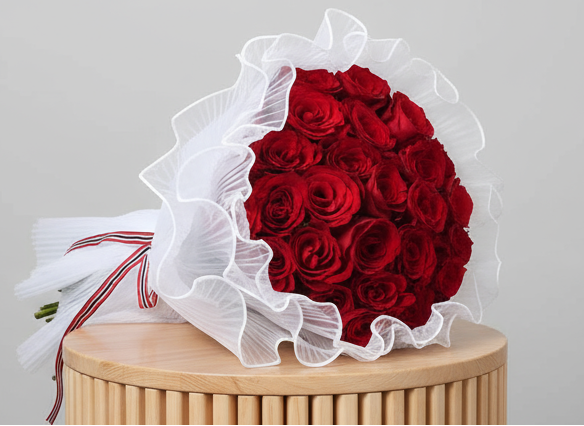 Bouquet of 25 red roses with white ruffled wrap