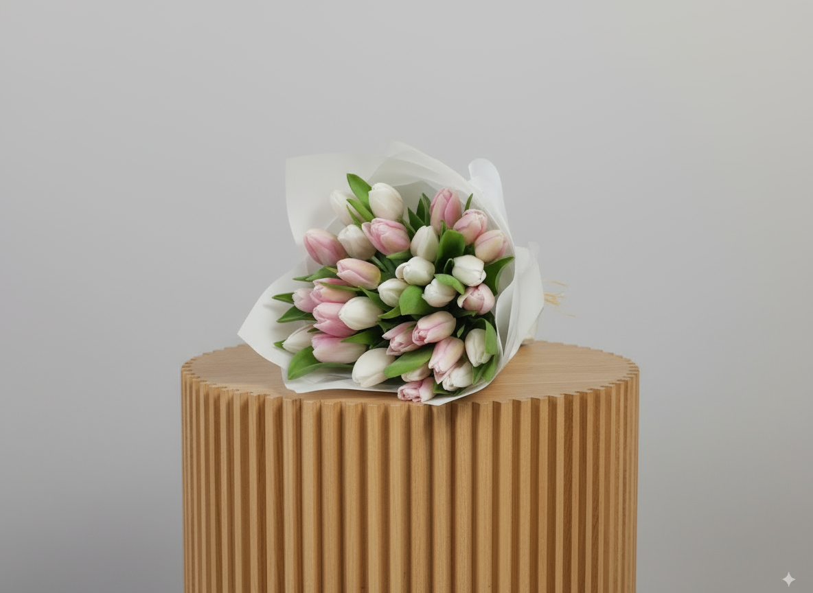 Bouquet of pink and white tulips in a white wrap on a light background