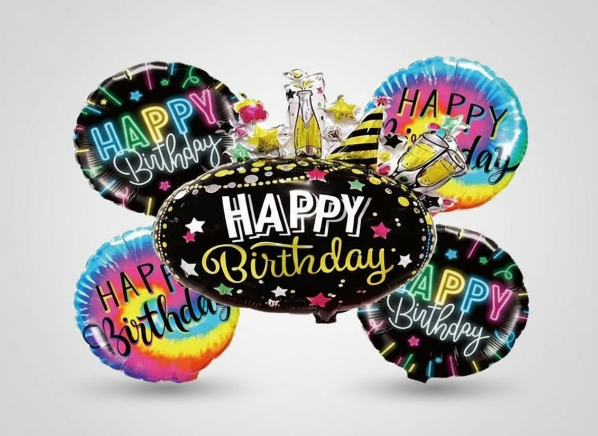Set of colorful 'Happy Birthday' balloons with festive designs