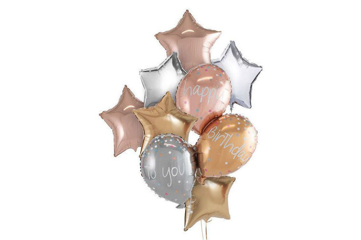 Set of star-shaped balloons with 'Happy Birthday' text on a white background