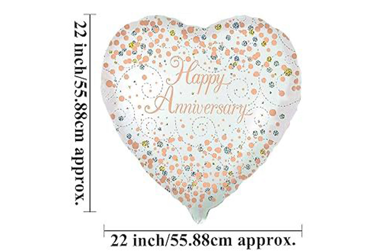 Heart-shaped balloon with 'Happy Anniversary' text and floral pattern
