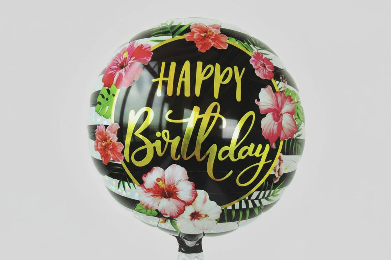 Holographic balloon with 'Happy Birthday' text and floral design on