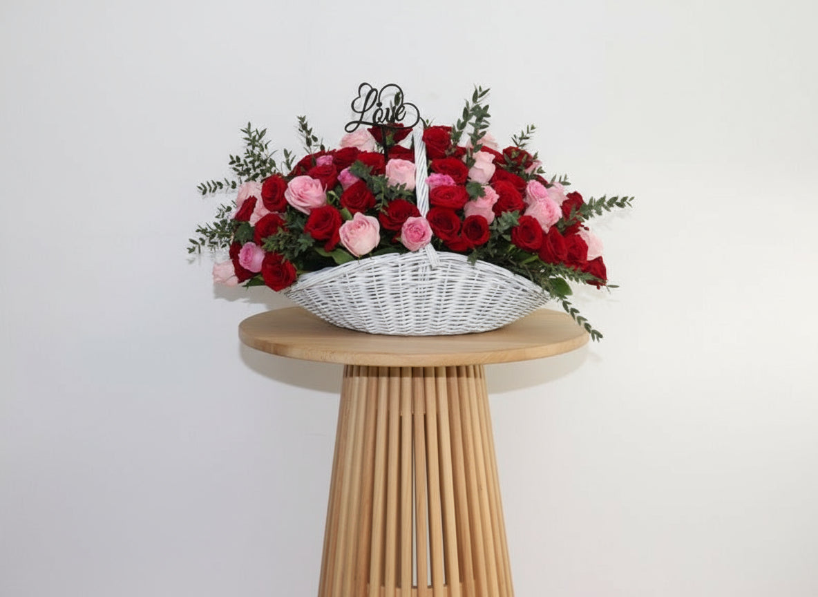 Love Arrangement White Basket Red Pink Flowers