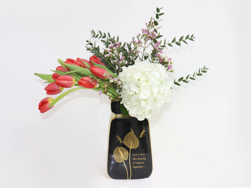Red Tulips Black Gold Vase White Hydrangea