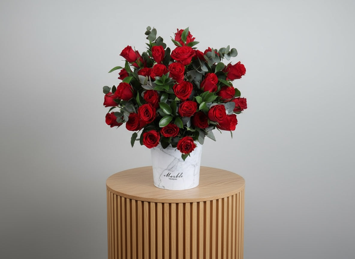 White Marble Arrangement Red Roses