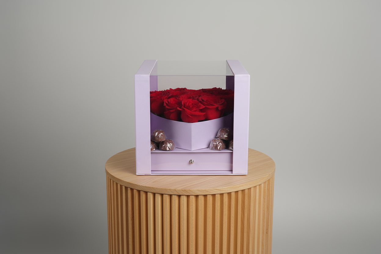 Purple Heart Box with Red Roses & Premium Chocolates