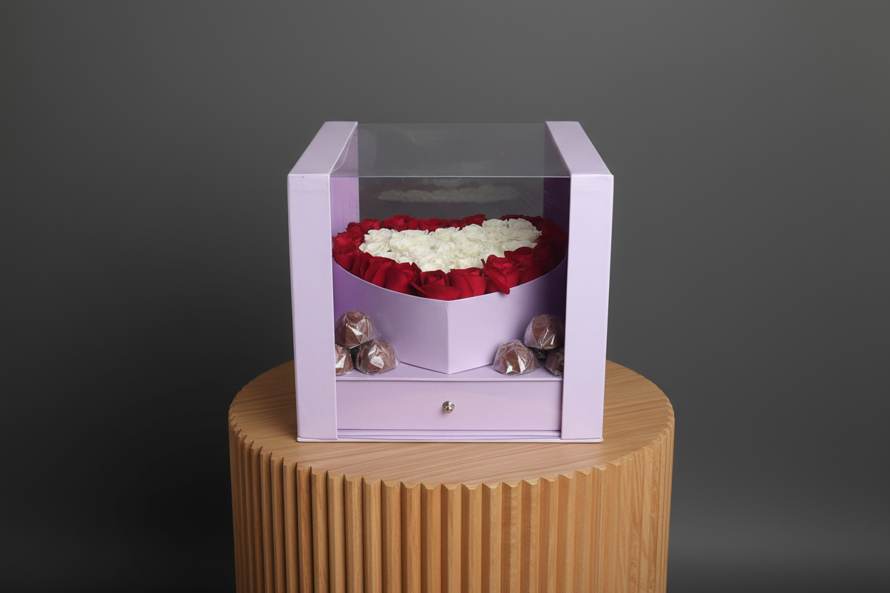 Purple Heart Box with Red & White Roses & Premium Chocolates