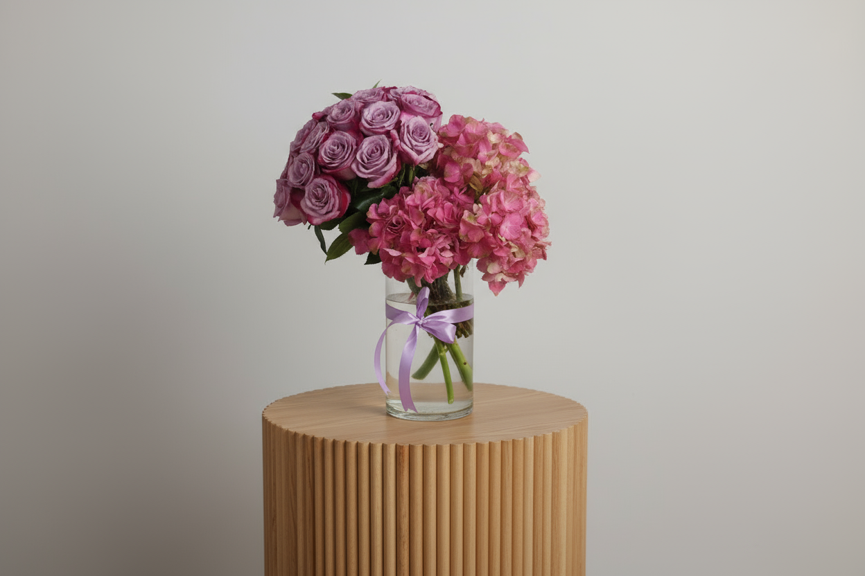 Purple Rose & Pink Hydrangea Vase