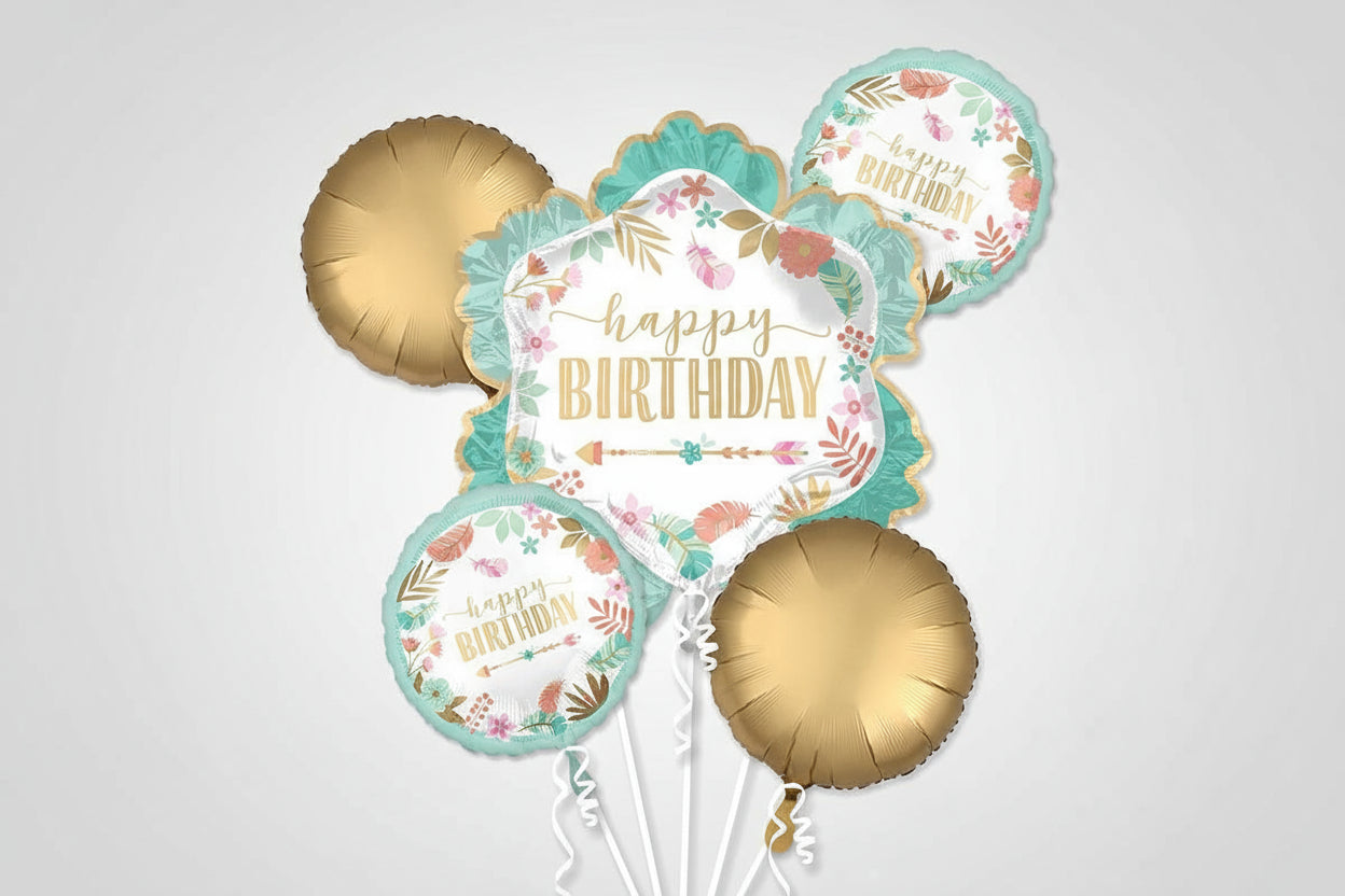 Set of birthday-themed balloons with floral designs and 'Happy Birthday' text