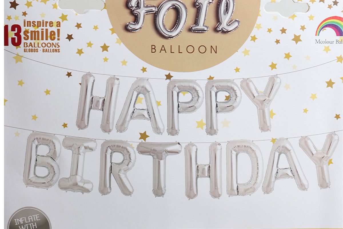 Silver 'Happy Birthday' balloon set on a white background with decorative elements.