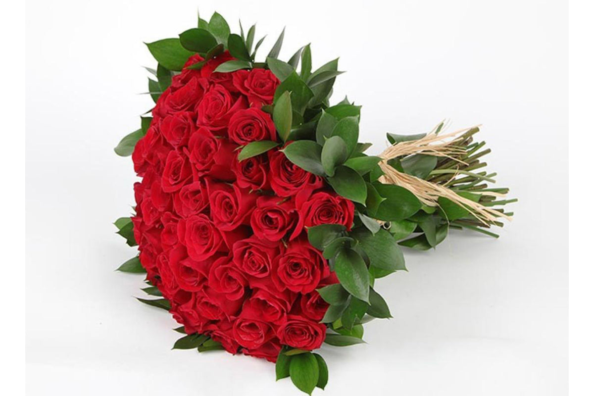 50 Red Roses Hand Bouquet With Green