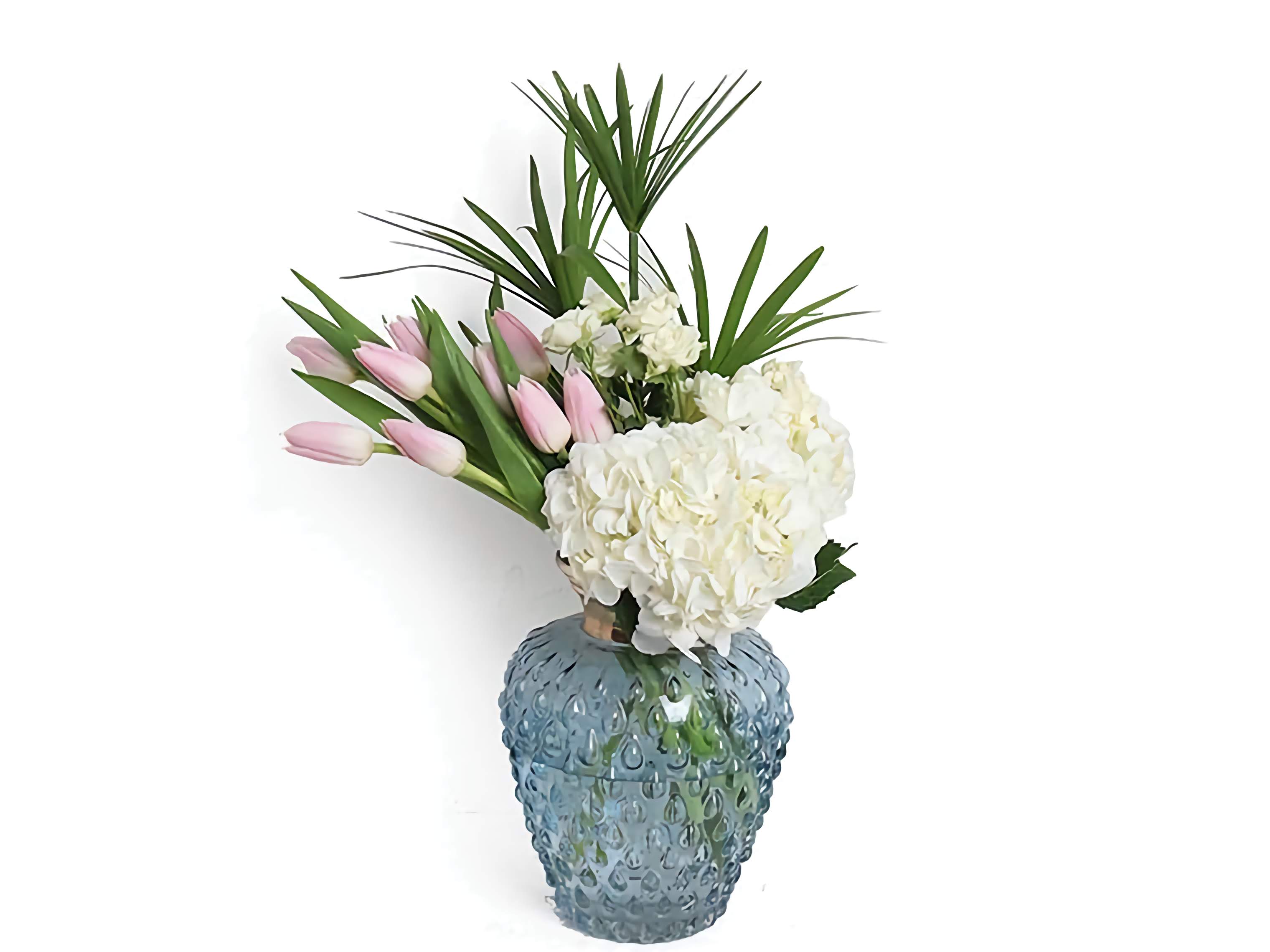 White Hydrangea Pink Tulip Blue Vase Arrangement