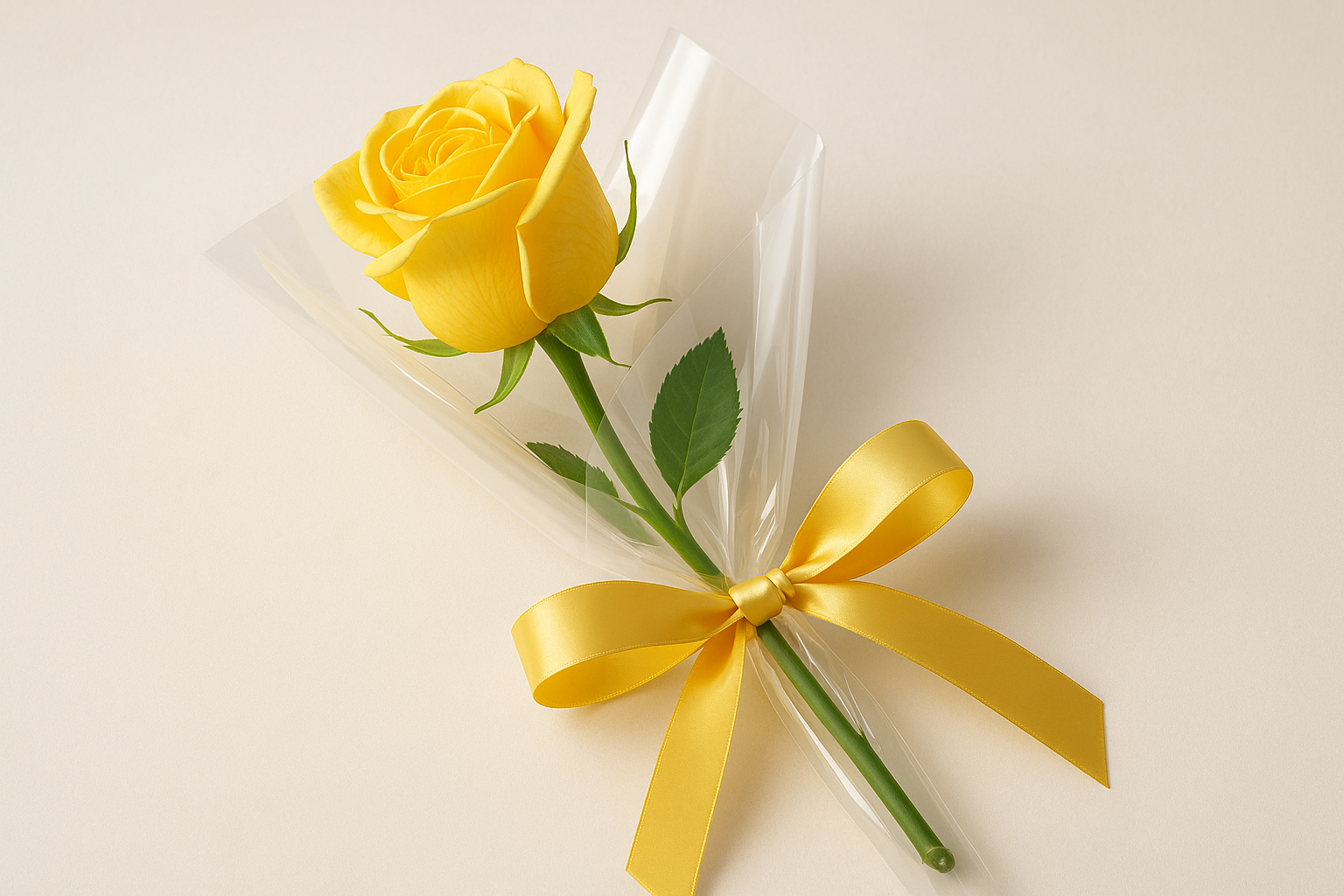 A single elegant yellow rose with luxury gift wrapping viewed from an angle