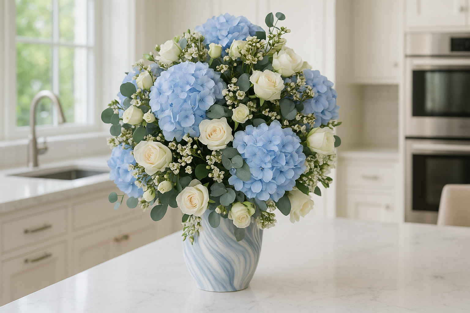 Blue Hydrangea and White Rose Arrangement Kitchen Marble Background