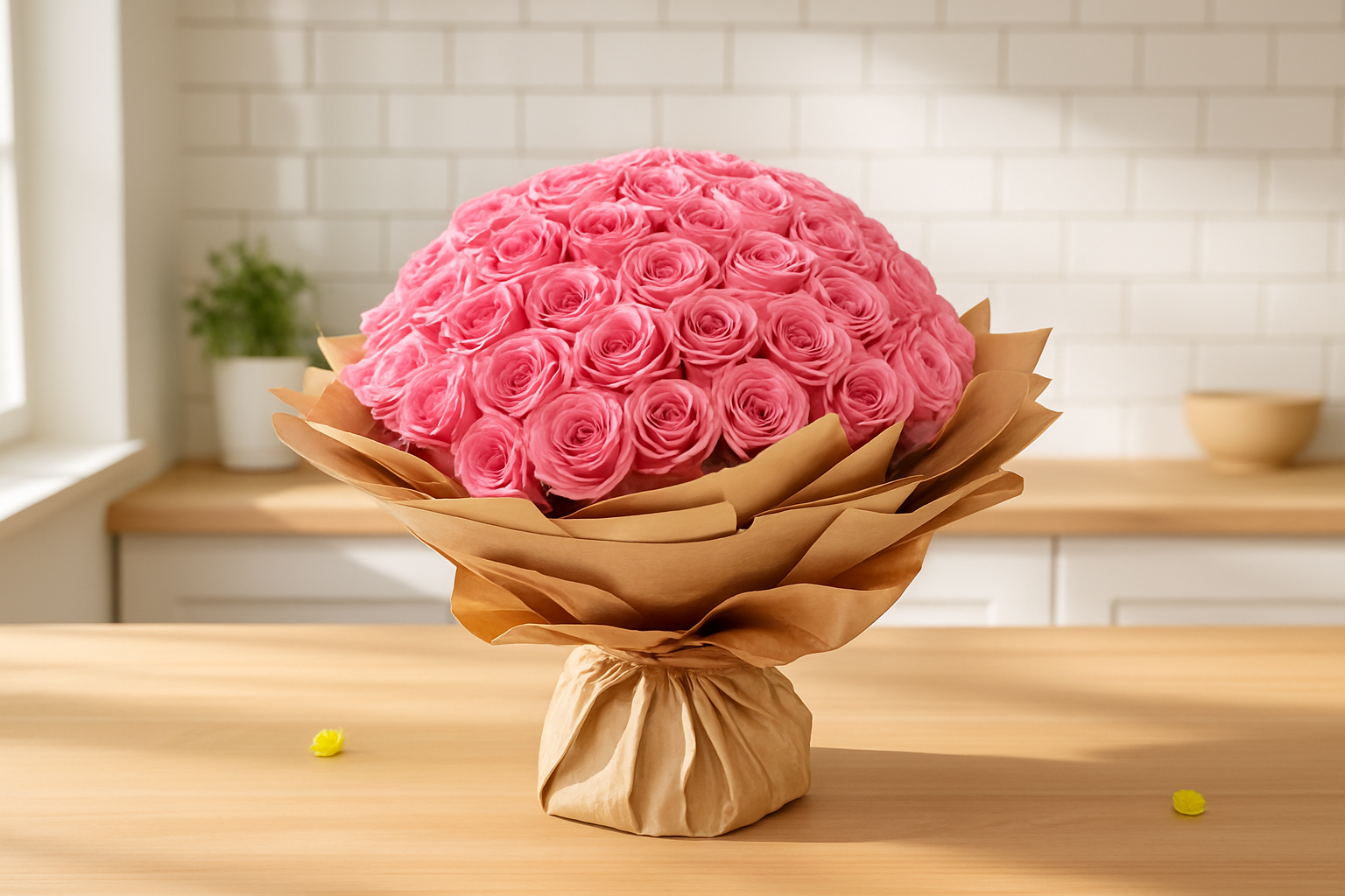 Pink Rose Bouquet in Kitchen