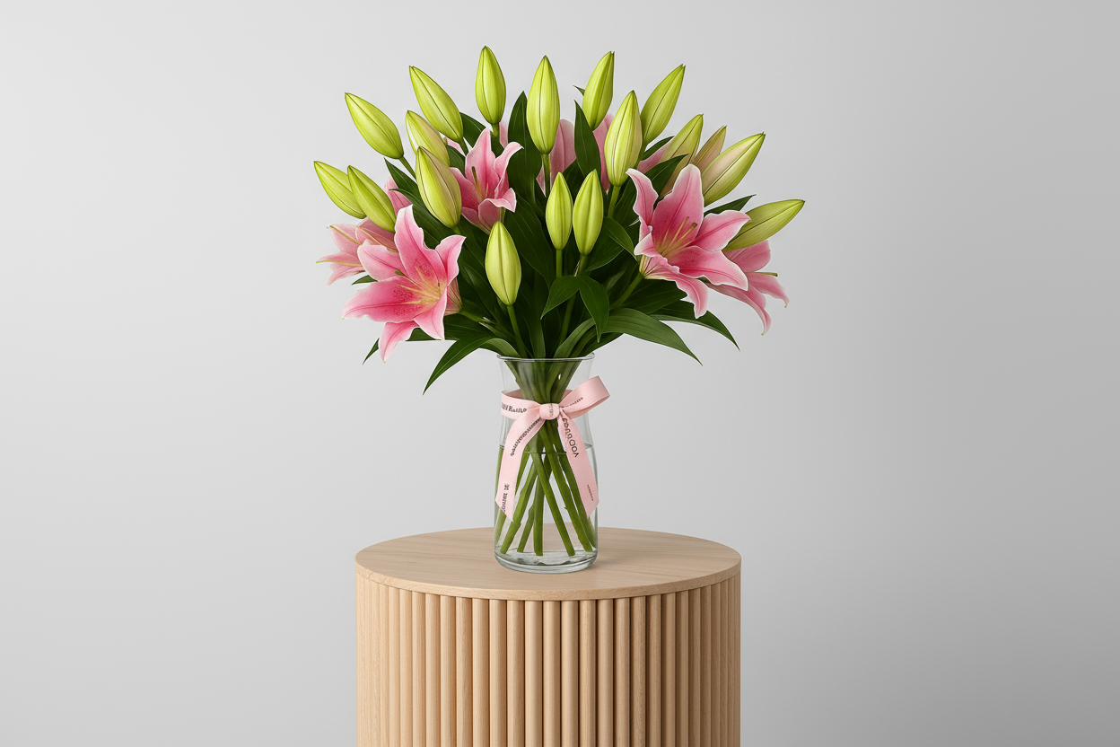 Side view of Stargazer lily bouquet