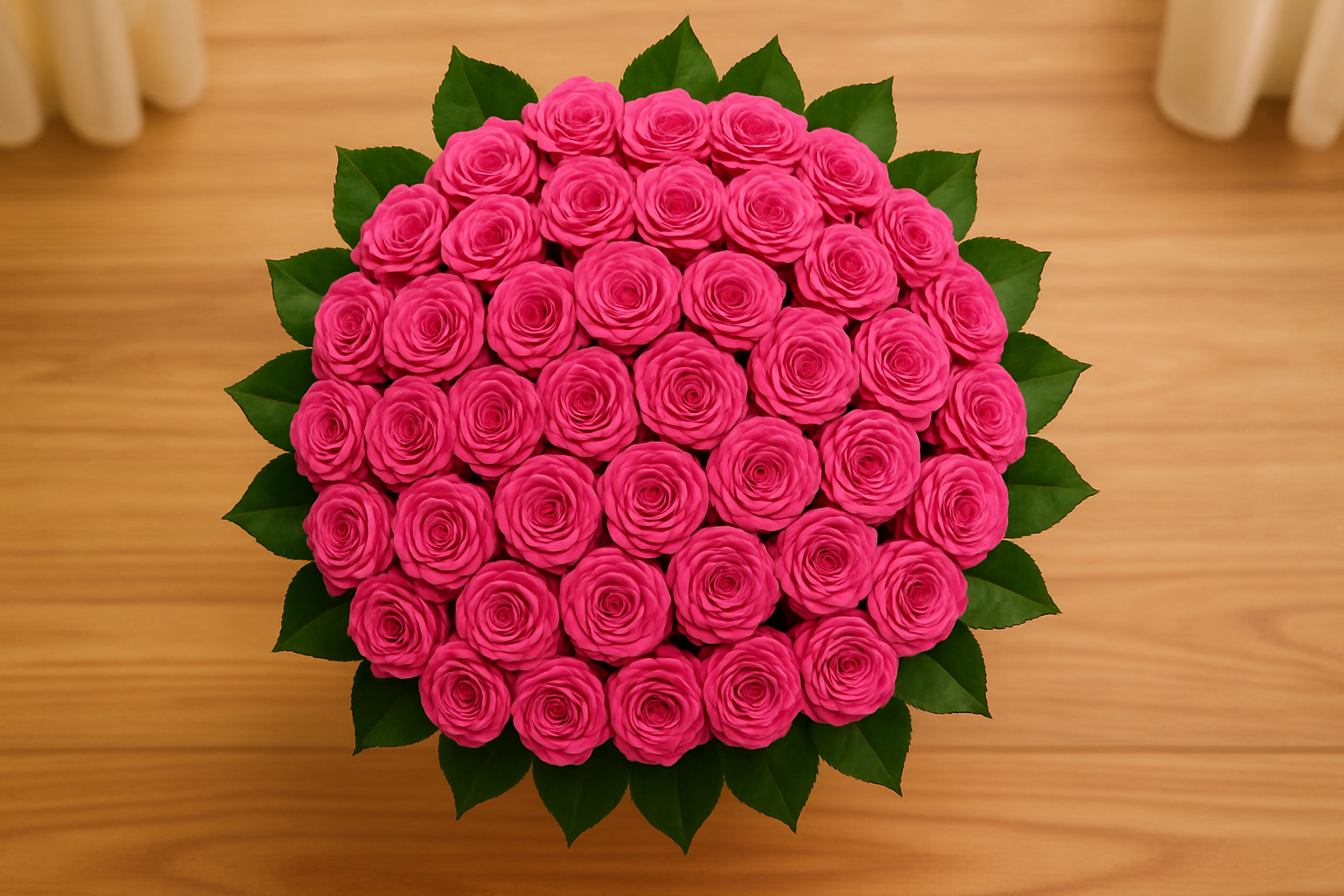 Bouquet of pink roses on a wooden surface