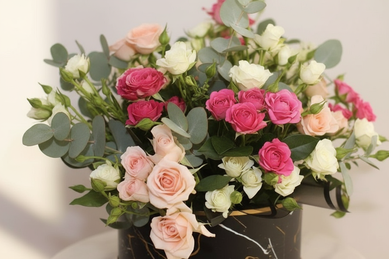 White Peach Pink Baby Roses Close-Up
