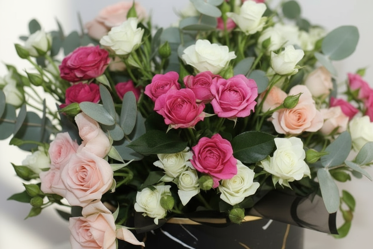 White Peach Pink Baby Roses Detail
