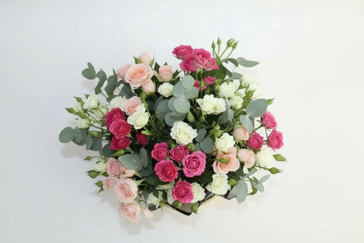 White Peach Pink Baby Roses Top View
