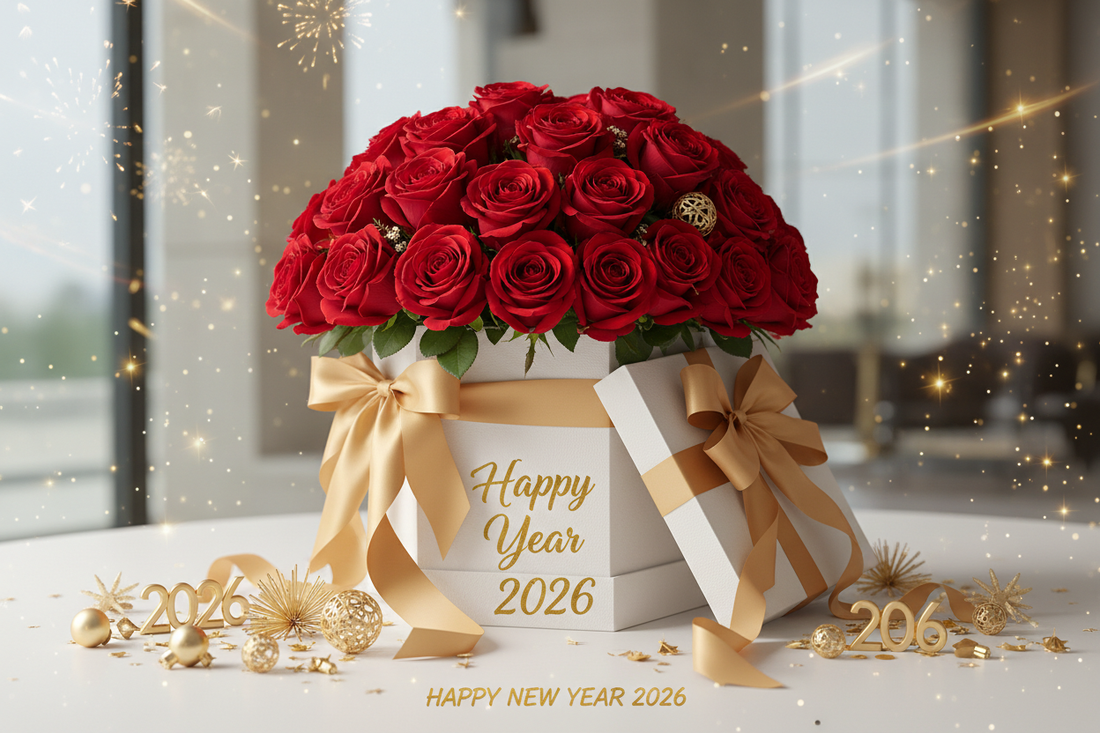Premium New Year flowers Kuwait 2026 - luxury red roses bouquet in white gift box with festive decorations