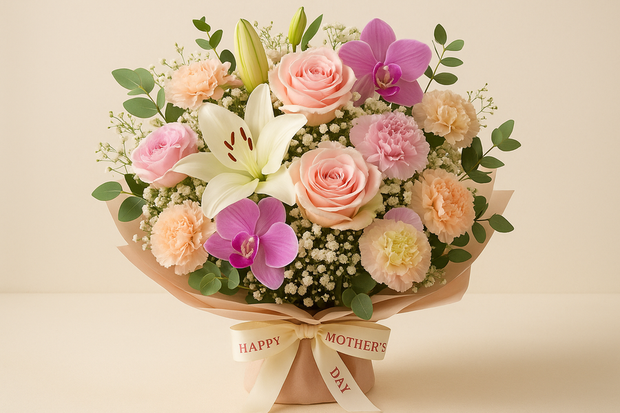 Mother's Day floral arrangement featuring roses, lilies, and orchids in a beautiful bouquet for celebrating mom