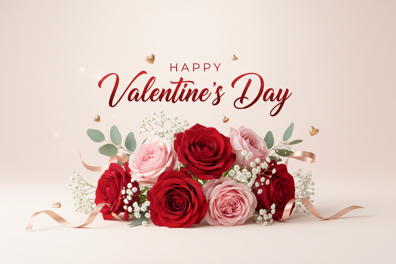 Valentine's Day Flowers featuring red and pink roses with elegant greens and ribbons for a romantic celebration