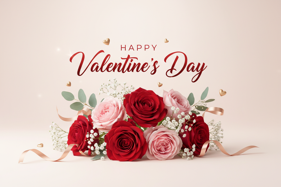 Valentine's Day Flowers featuring red and pink roses with elegant greens and ribbons for a romantic celebration