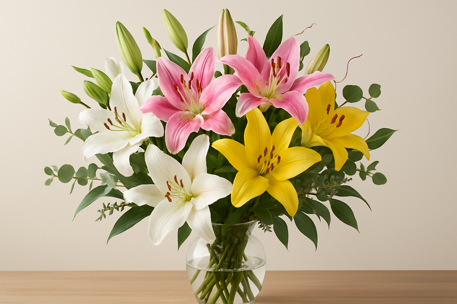 Vibrant lily arrangement in a vase featuring pink, white, and yellow lilies for convenient online ordering
