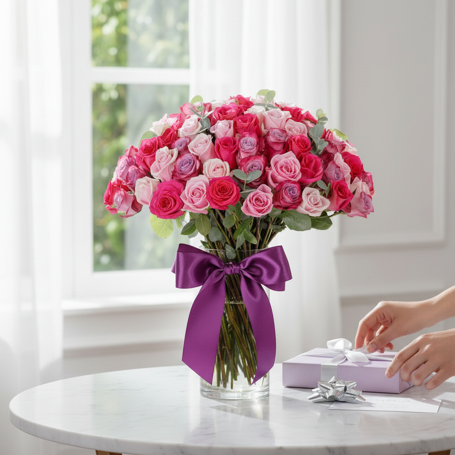 50 Long-Stem Blush Roses in Vase - lifestyle interior scene