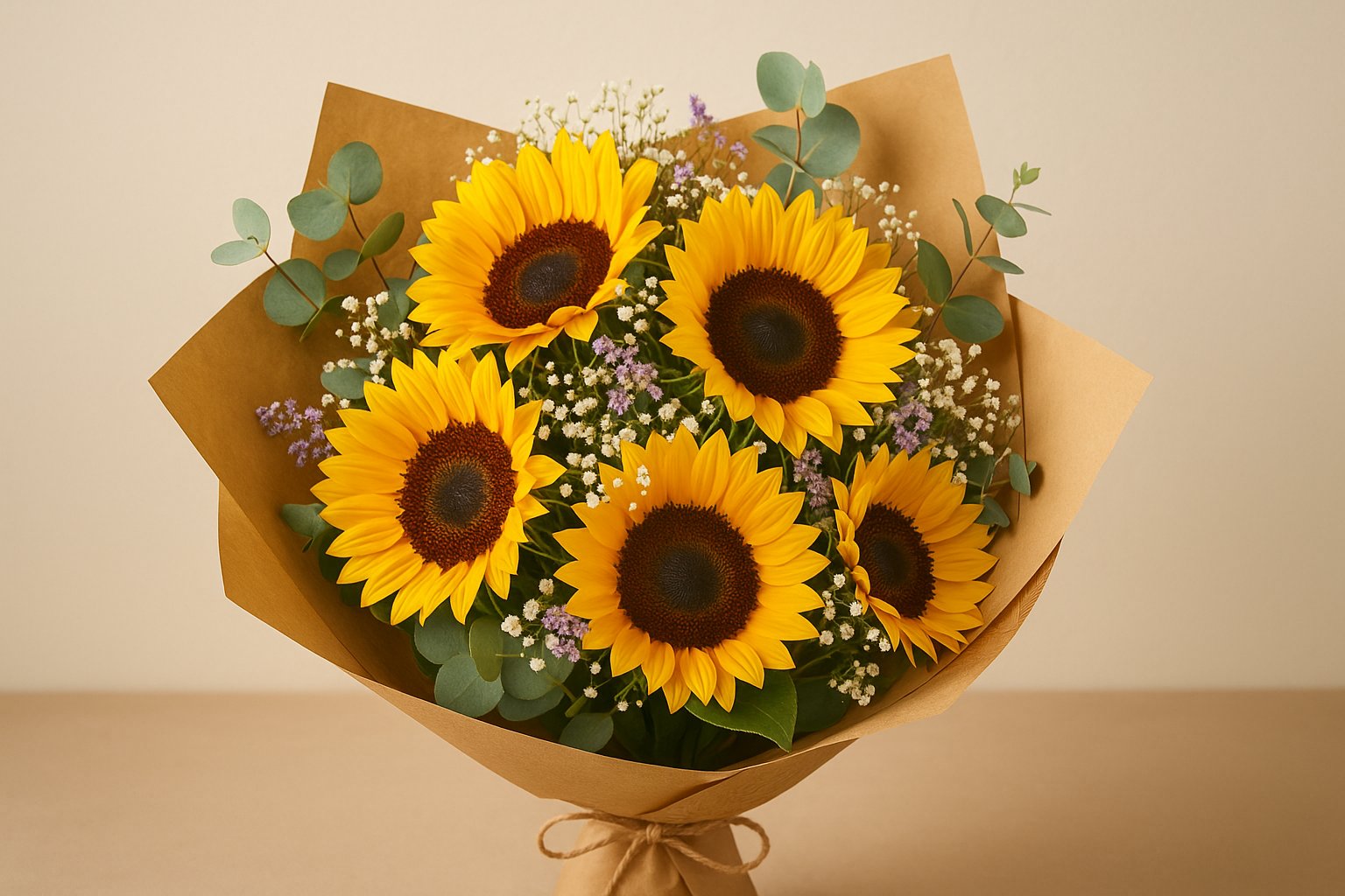 Bright sunflowers bouquet with greenery, perfect for sending sunshine with same-day delivery in Kuwait