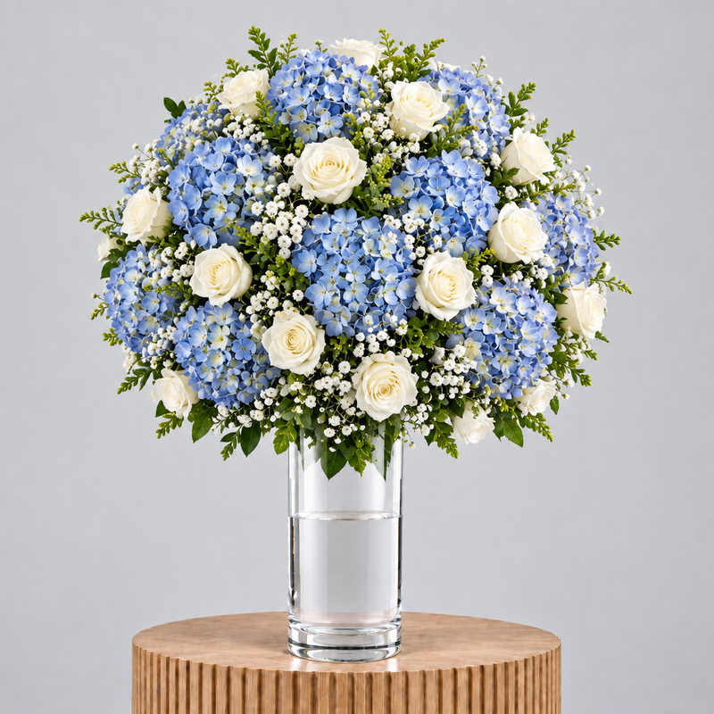A large floral arrangement featuring light blue hydrangeas, white roses, and white baby's breath in a clear glass vase, displayed on a round wooden pedestal against a light gray background.